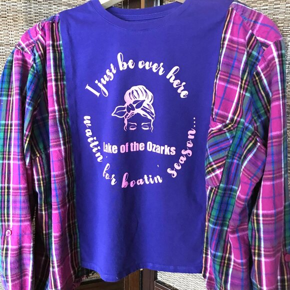 Upcycled Flannel Tee, Size M-L: Oversized Lake of the Ozarks Graphic T-Shirt - Picture 7 of 10